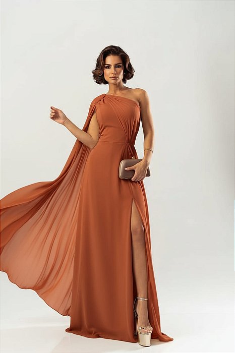 VESTIDO CHIFFON OMBRO SÓ MANGA LONGA PLISSADA DETALHE PLISSADO LATERAL TERRACOTA