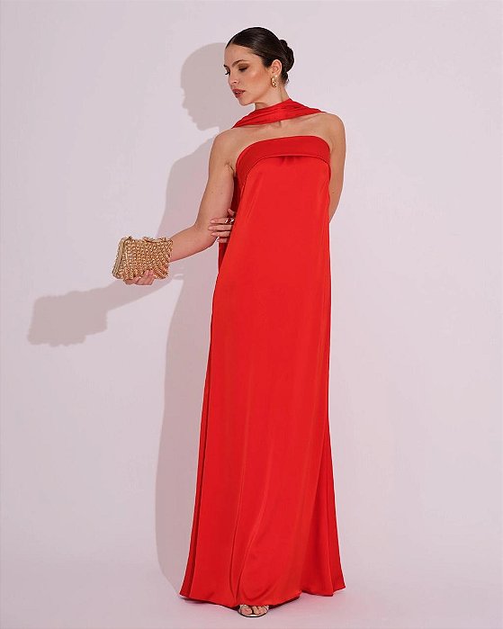 VESTIDO SEDA TOMARA QUE CAIA COM ECHARPE VERMELHO