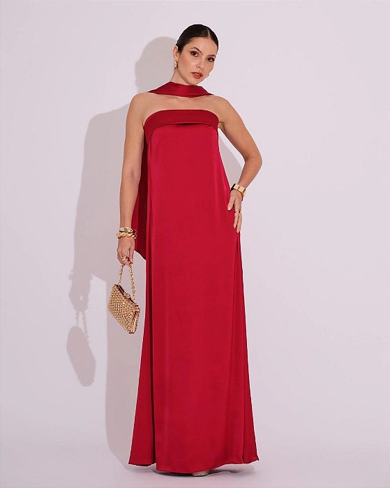 VESTIDO SEDA TOMARA QUE CAIA COM ECHARPE MARSALA