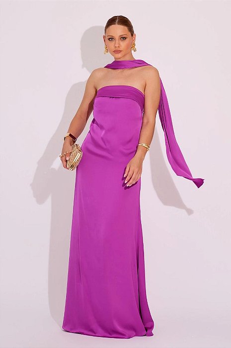 VESTIDO SEDA TOMARA QUE CAIA COM ECHARPE FUCSIA