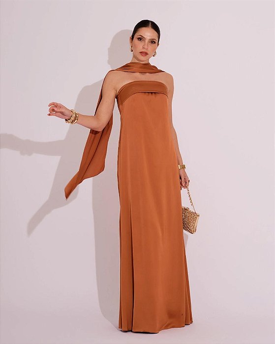 VESTIDO SEDA TOMARA QUE CAIA COM ECHARPE TERRACOTA