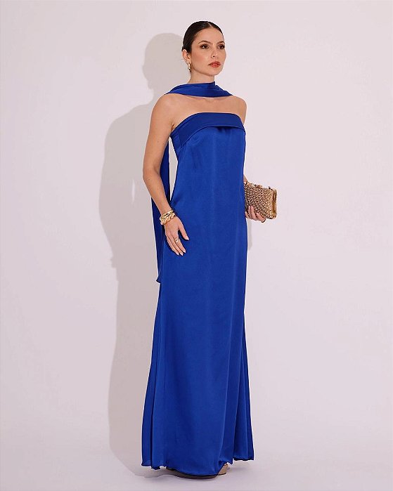 VESTIDO SEDA TOMARA QUE CAIA COM ECHARPE AZUL BIC