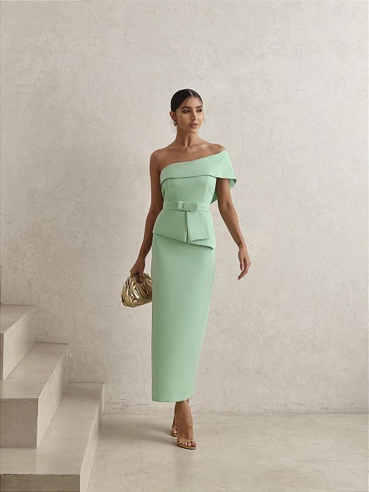 VESTIDO OMBRO SÓ  DETALHE PEPLUM NA CINTURA COM CINTO VERDE MENTA