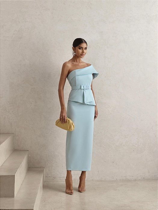 VESTIDO OMBRO SÓ DETALHE PEPLUM NA CINTURA COM CINTO AZUL SERENITY