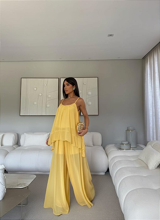 CONJUNTO CHIFFON BLUSA ALCINHA E CALÇA AMARELO