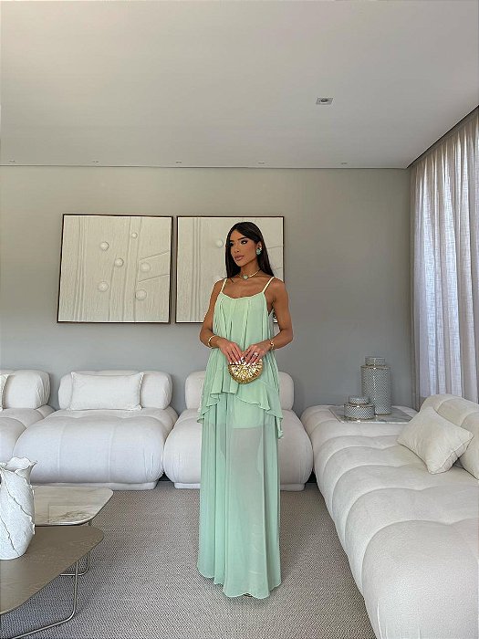 CONJUNTO CHIFFON BLUSA ALCINHA E CALÇA VERDE MENTA