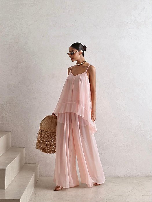 CONJUNTO CHIFFON BLUSA ALCINHA E CALÇA ROSÉ
