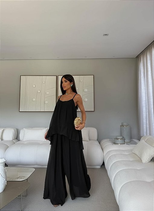 CONJUNTO CHIFFON BLUSA ALCINHA E CALÇA PRETO