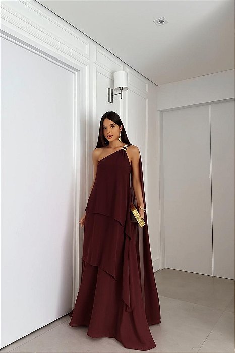 VESTIDO CREPE OMBRO SÓ MANGA CAPA  COM CAMADAS MARSALA