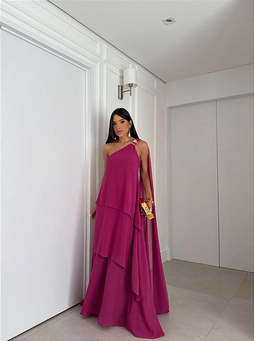 VESTIDO CREPE OMBRO SÓ MANGA CAPA  COM CAMADAS FUCSIA