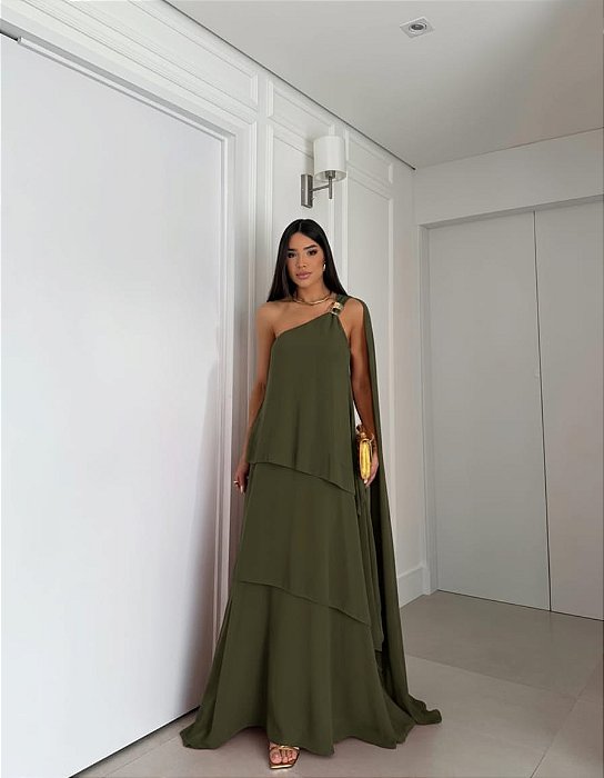 VESTIDO CREPE OMBRO SÓ MANGA CAPA  COM CAMADAS VERDE OLIVA