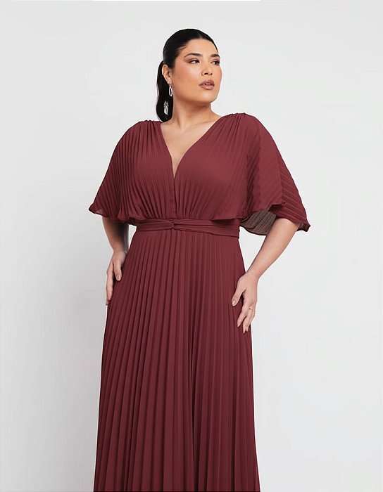 VESTIDO PLISSADO COM DETALHE TULE NO DECOTE MARSALA
