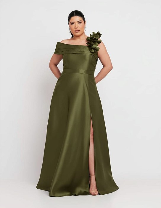 VESTIDO LONGO ZIBELINE COM DETALHE CAMADAS NO OMBRO E ALÇA DETALHE PÉTALAS VERDE ESMERALDA