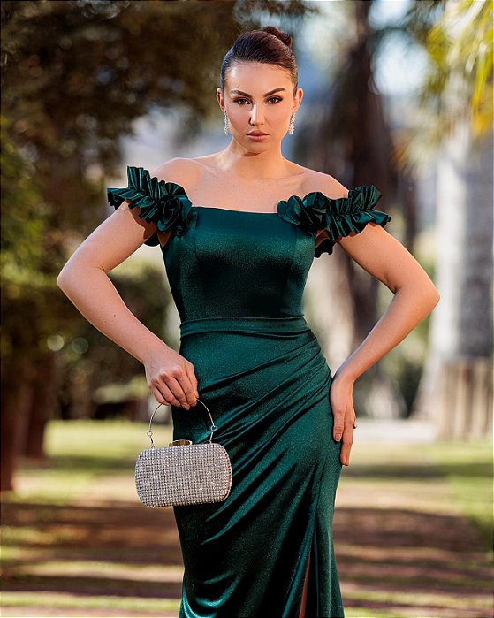 VESTIDO SEDA ALÇAS DETALHE FLOR COM FENDA NA LATERAL VERDE ESMERALDA