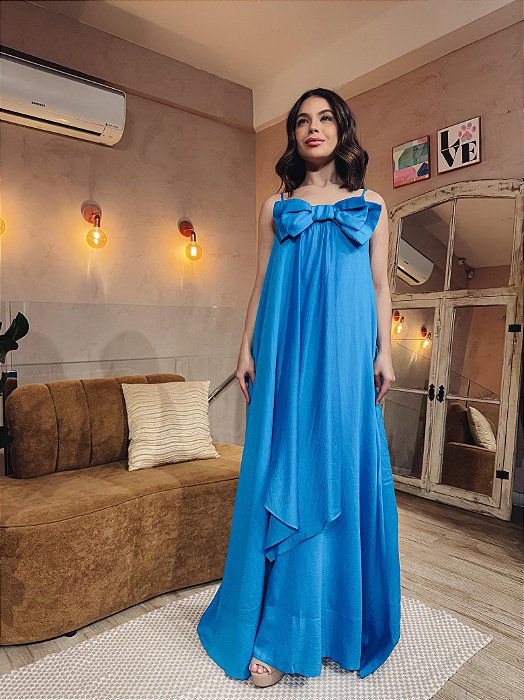 VESTIDO LONGO LISO ALCINHA DETALHE LAÇO AZUL CELESTE