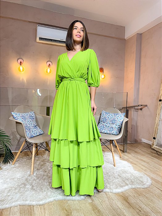 VESTIDO LONGO CREPE DE SEDA DECOTE V MANGA TRÊS QUARTOS COM FAIXA VERDE LIMA
