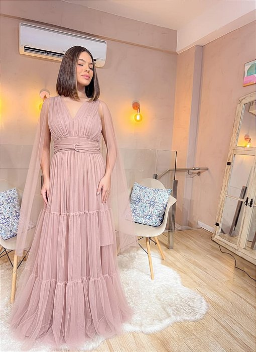 VESTIDO LONGO MICROTULE DECOTE V COM CAPA PALA ROSE