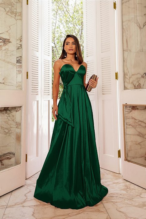 VESTIDO LONGO ZIBELINE TOMARA QUE CAIA PEITO DRAPEADO DETALHE ABAIXO DO BUSTO COM LAÇO NA LATERAL VERDE ESMERALDA