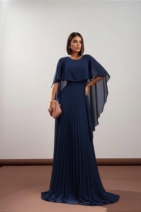 VESTIDO LONGO PLISSADO COM MANGA CAPA AZUL MARINHO