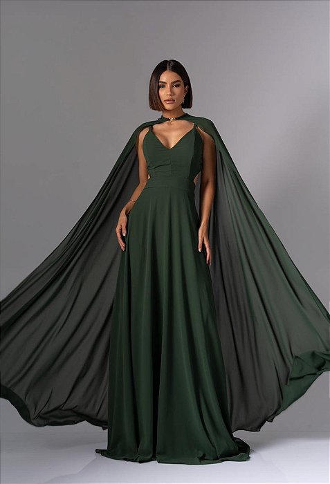 VESTIDO LONGO CREPE ALÇA FINA COM RECORTE NA CINTURA E CAPA REMOVIVEL VERDE OLIVA AX