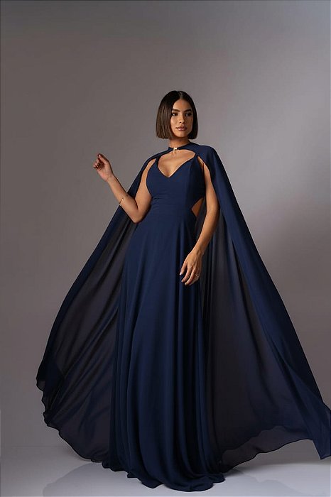 VESTIDO LONGO CREPE ALÇA FINA COM RECORTE NA CINTURA E CAPA REMOVIVEL AZUL MARINHO AX