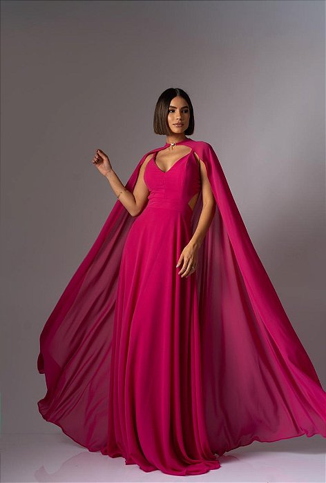 VESTIDO LONGO CREPE ALÇA FINA COM RECORTE NA CINTURA E CAPA REMOVIVEL FUCSIA