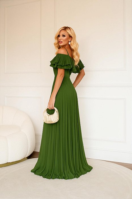 VESTIDO LONGO SAIA PLISSADA DETALHE TULE NO DECOTE E BABADO PLISSADO VERDE OLIVA
