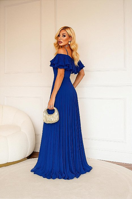 VESTIDO LONGO SAIA PLISSADA DETALHE TULE NO DECOTE E BABADO PLISSADO AZUL ROYAL