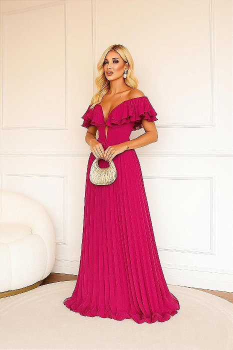 VESTIDO LONGO SAIA PLISSADA DETALHE TULE NO DECOTE E BABADO PLISSADO FUCSIA