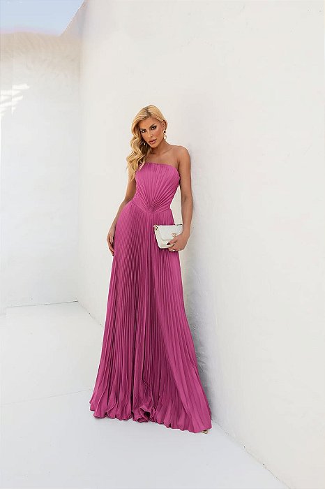VESTIDO PLISSADO TOMARA QUE CAIA DETALHE V NA CINTURA FUCSIA