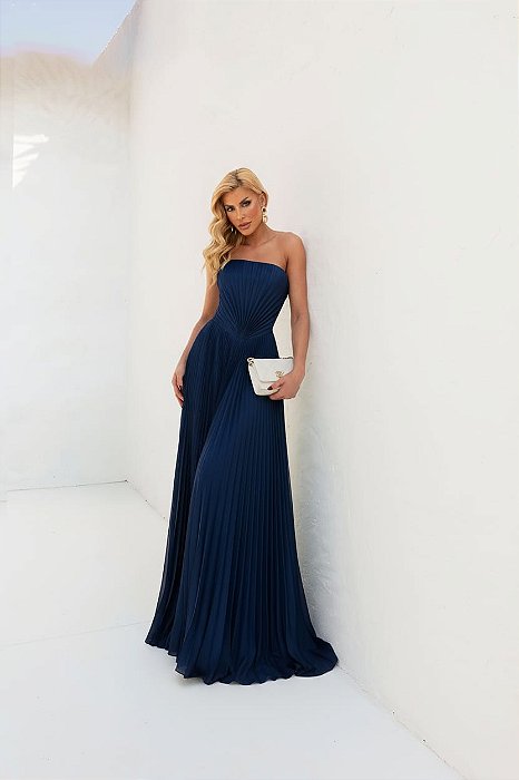 VESTIDO PLISSADO TOMARA QUE CAIA DETALHE V NA CINTURA AZUL MARINHO