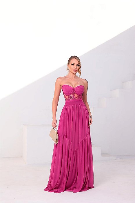 VESTIDO MICROTULE TOMARA QUE CAIA CORPETE COM BORDADO DETALHE DRAPEADO NO BUSTO FUCSIA
