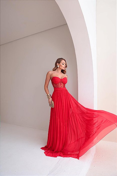 VESTIDO MICROTULE TOMARA QUE CAIA CORPETE COM BORDADO DETALHE DRAPEADO NO BUSTO VERMELHO