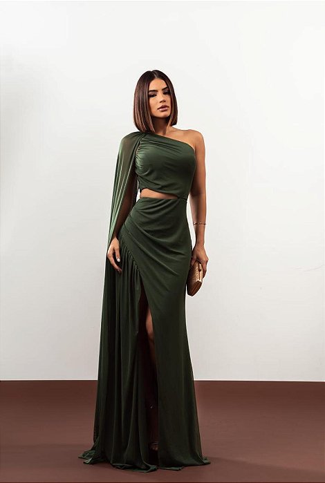 VESTIDO MICROTULE OMBRO SÓ MANGA CAPA ABERTURA NA LATERAL VERDE PETRÓLEO