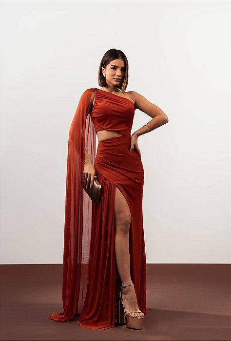 VESTIDO MICROTULE OMBRO SÓ MANGA CAPA ABERTURA NA LATERAL TERRACOTA