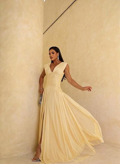 VESTIDO MICROTULE CORPETE MICROTULE AMARELO MANTEIGA
