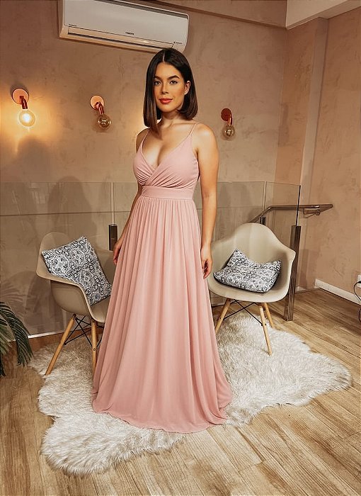 VESTIDO LONGO MICROTULE DE ALCINHA DRAPEADO NO BUSTO COM DETALHE ABAIXO DO BUSTO ROSE