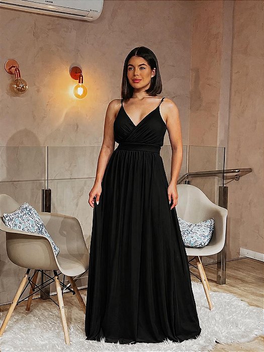 VESTIDO LONGO MICROTULE DE ALCINHA DRAPEADO NO BUSTO COM DETALHE ABAIXO DO BUSTO PRETO