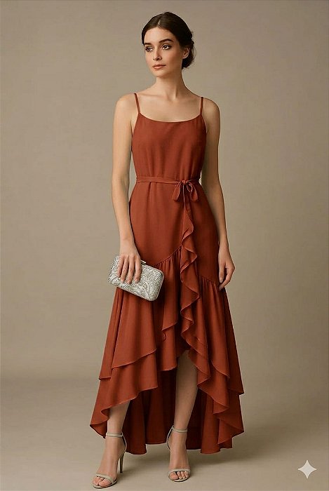 VESTIDO CREPE SEDA COM DETALHE NA ALÇA SAIA COM BABADOS TERRACOTA