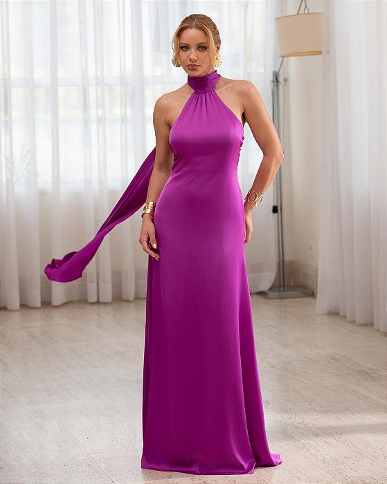 VESTIDO LONGO GOLA ALTA SEDA COM AMARRAÇÃO COSTA NUA FUCSIA