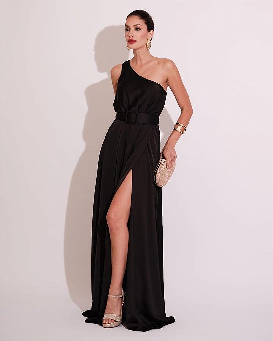 VESTIDO LONGO SEDA OMBRO SÓ COM CORTE GODÊ  CINTO PRETO