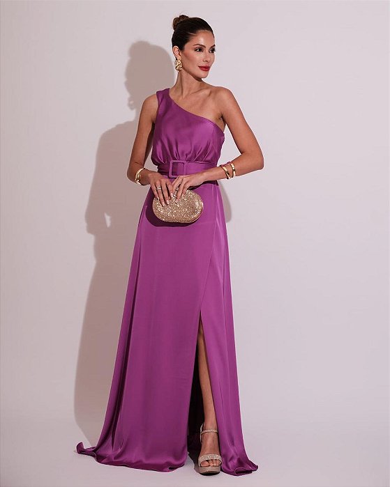 VESTIDO LONGO SEDA OMBRO SÓ COM CORTE GODÊ  CINTO FUCSIA