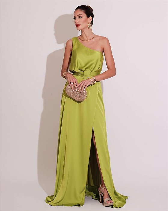 VESTIDO LONGO SEDA OMBRO SÓ COM CORTE GODÊ  CINTO VERDE LIMA