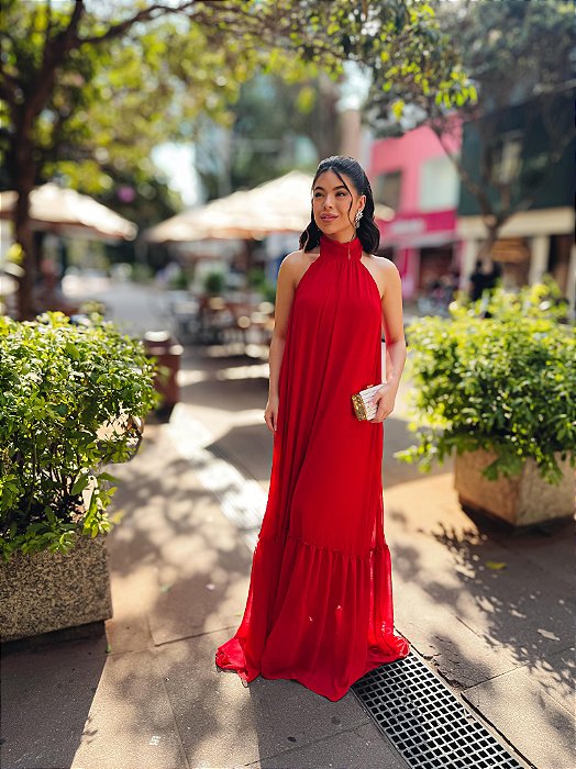 VESTIDO LONGO CHIFFON FRENTE ÚNICA SAIA CAMADA VERMELHO