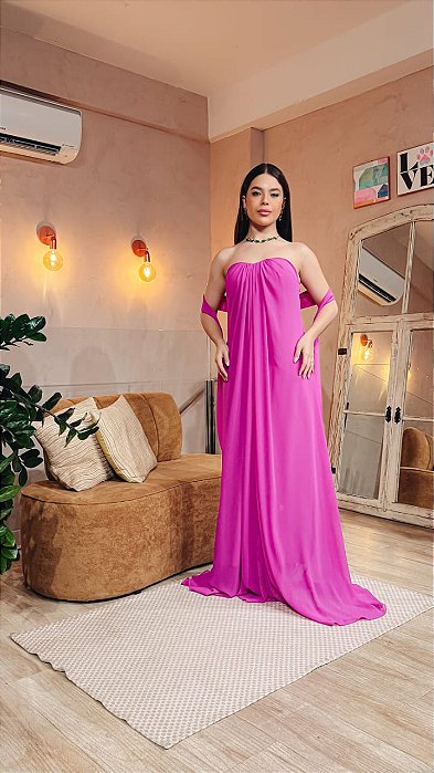 VESTIDO LONGO CREPE DE SEDA TOMARA QUE CAIA FLUIDO FUCSIA