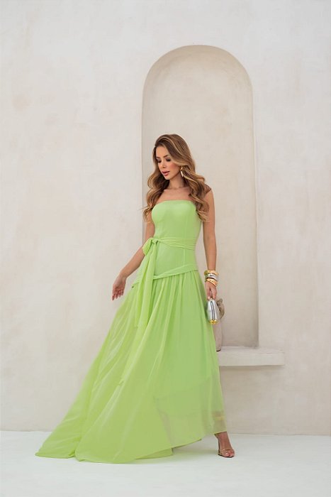 VESTIDO LONGO CREPE SEDA FLUIDO COM DETALHE CAMADA ACIMA DA SAIA VERDE CLARO