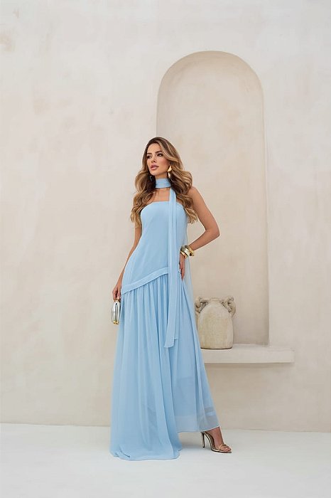 VESTIDO LONGO CREPE SEDA FLUIDO COM DETALHE CAMADA ACIMA DA SAIA AZUL SERENITY
