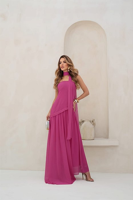 VESTIDO LONGO CREPE SEDA FLUIDO COM DETALHE CAMADA ACIMA DA SAIA FUCSIA