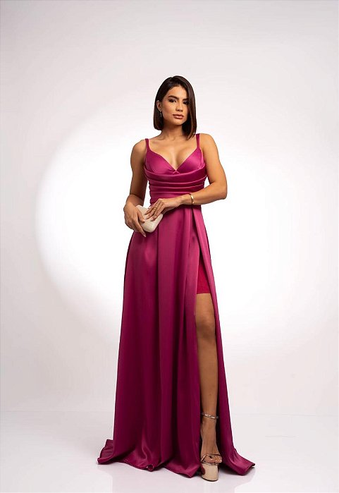 VESTIDO LONGO ZIBELINE DE ALCINHA DRAPEADO NO PEITO COM FENDA  FUCSIA
