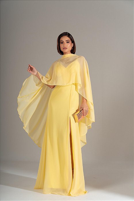 VESTIDO CREPE ALCINHA COM DECOTE V CAPA GOLA ALTA AMARELO